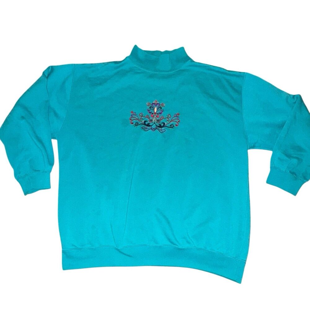 Hunt Club Women's Teal Turtleneck Sweater Size XL‎ Abstract Vintage